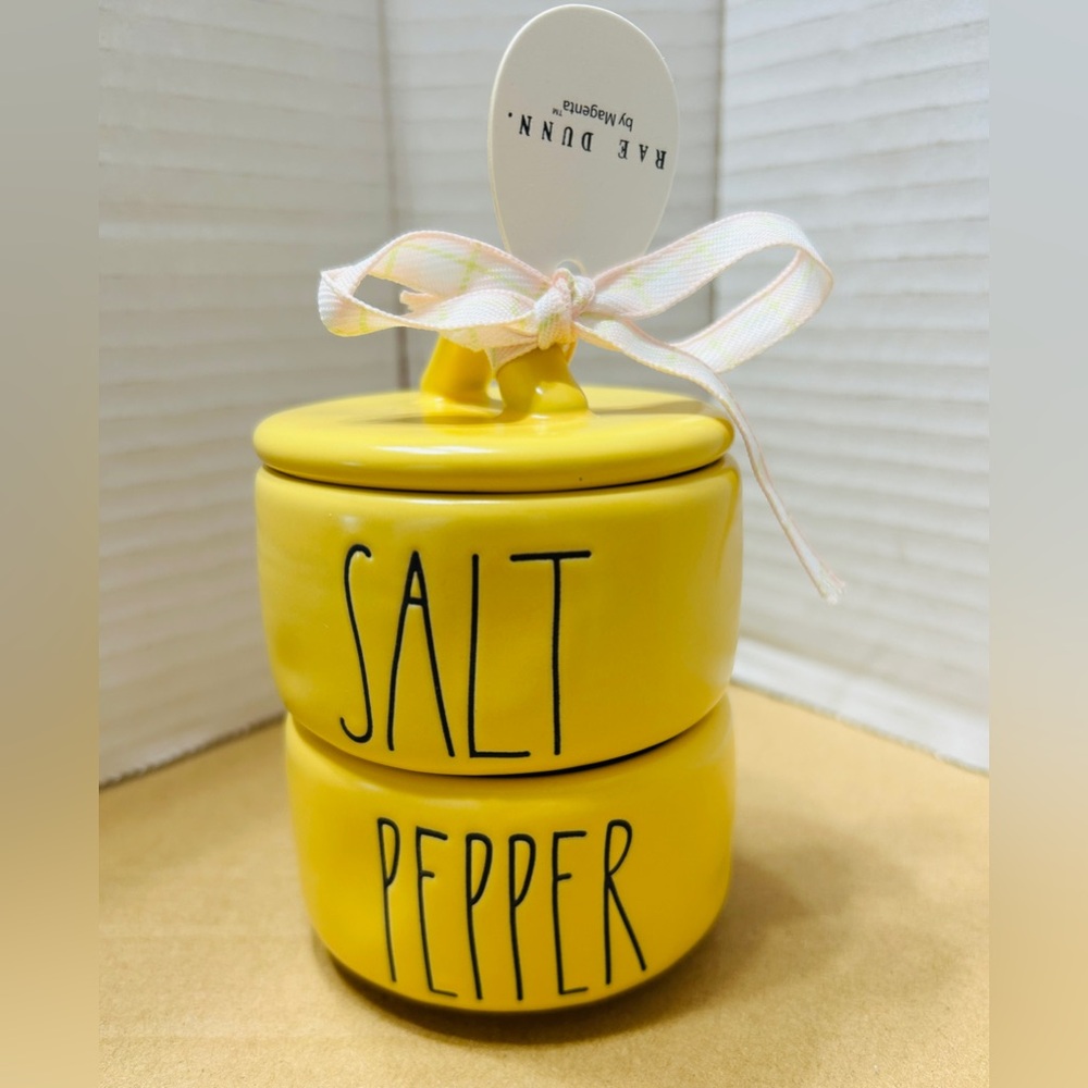 Rae Dunn salt & pepper cellars NEW condition. Yellow with black letters.